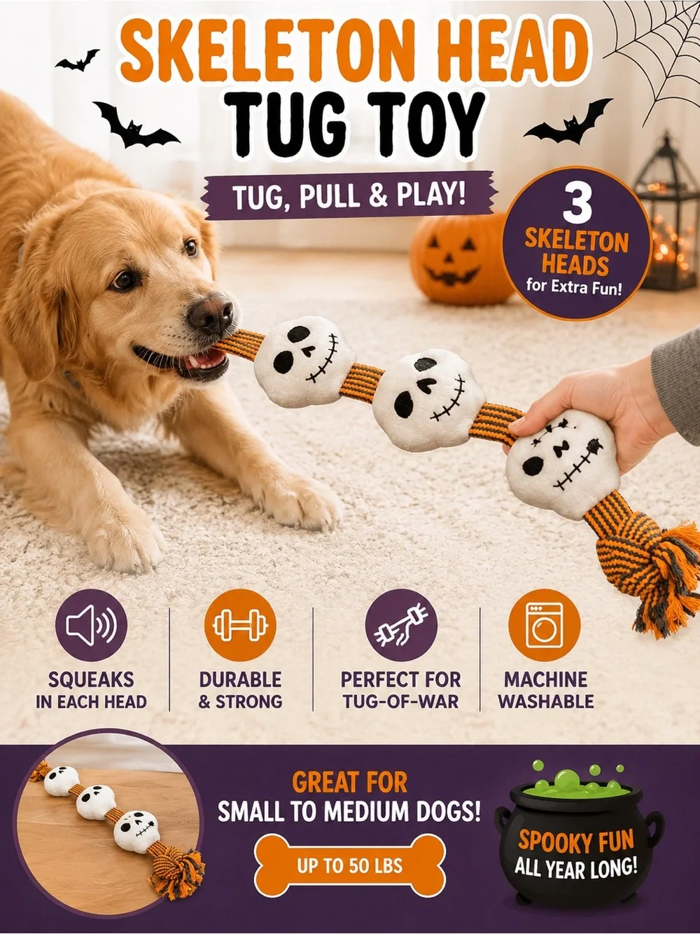 Skeleton Head Tug Toy for Dogs - Orange & White